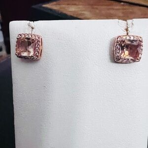 Rose Gold Pink CZ Halo Square Stud Earrings - Women's Jewelry